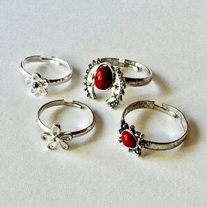 Stackable Fashion Rings, Set of 4 adjustable. silver red